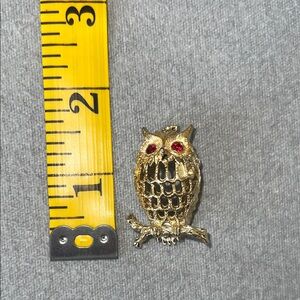 Gold Owl Brooch with Red Accents